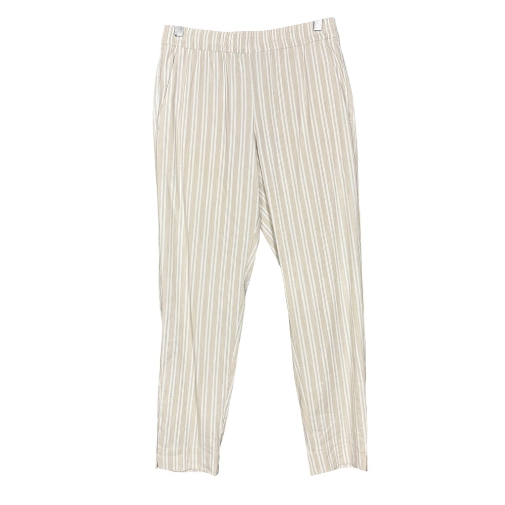Lands End Pants Womens 4‎ Beige White Striped Linen Blend Slim Leg Mid Rise